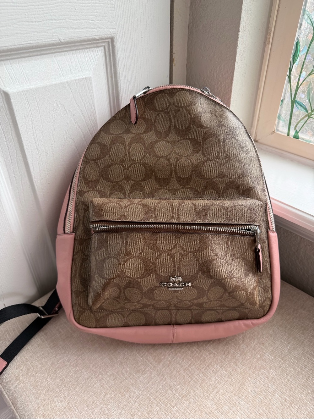 Coach Medium Charlie Brown Signature Canvas Backpack with Pink Leather Trim